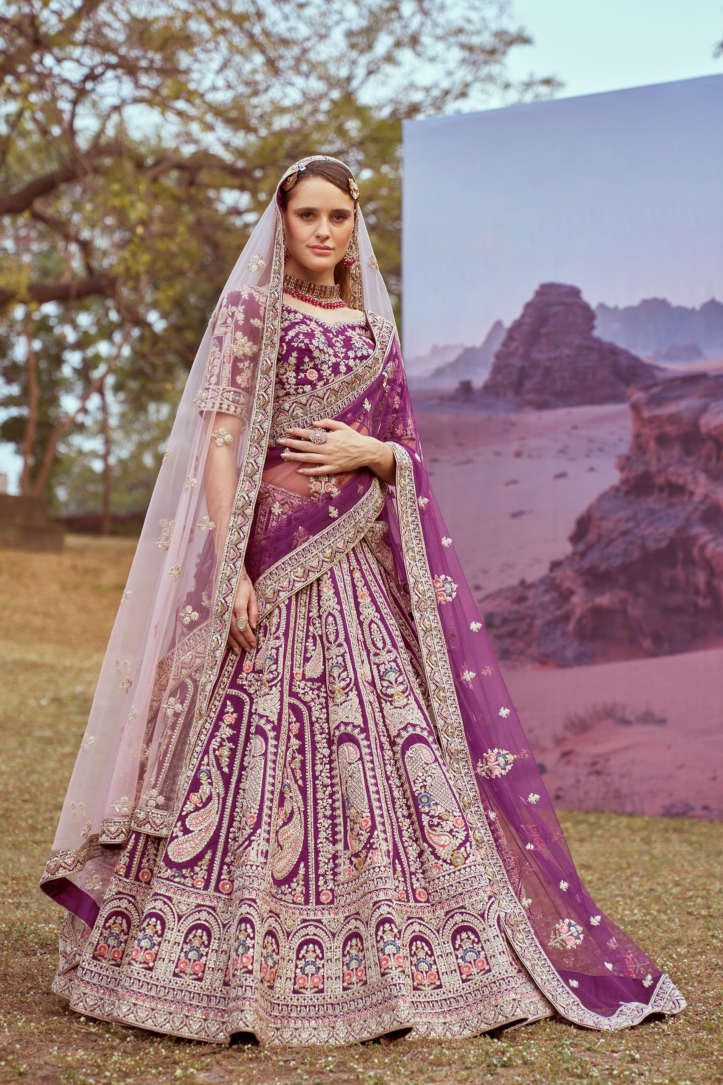 Purple Pure silk Moti, Coding embroidery Bridal Lehenga