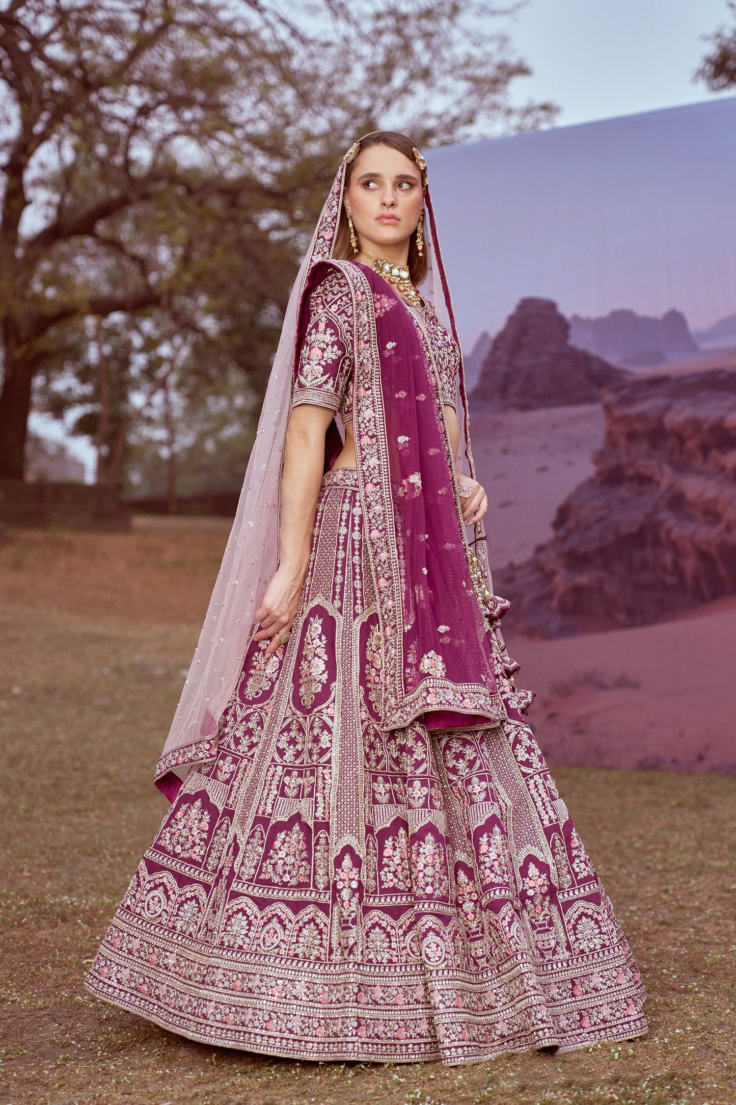 Purple Pure silk Moti, Sequins embroidery Bridal Lehenga