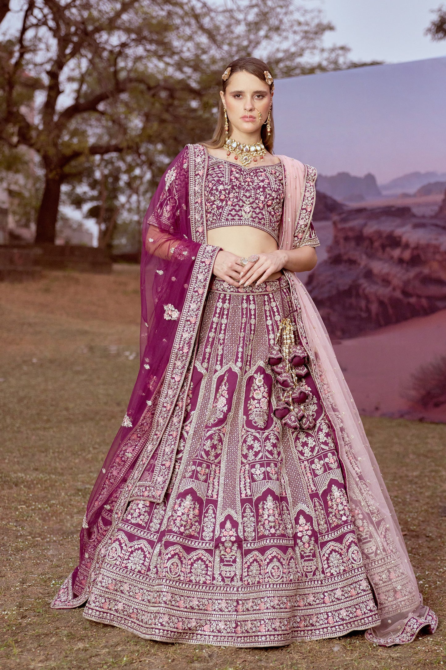 Purple Pure silk Moti, Sequins embroidery Bridal Lehenga