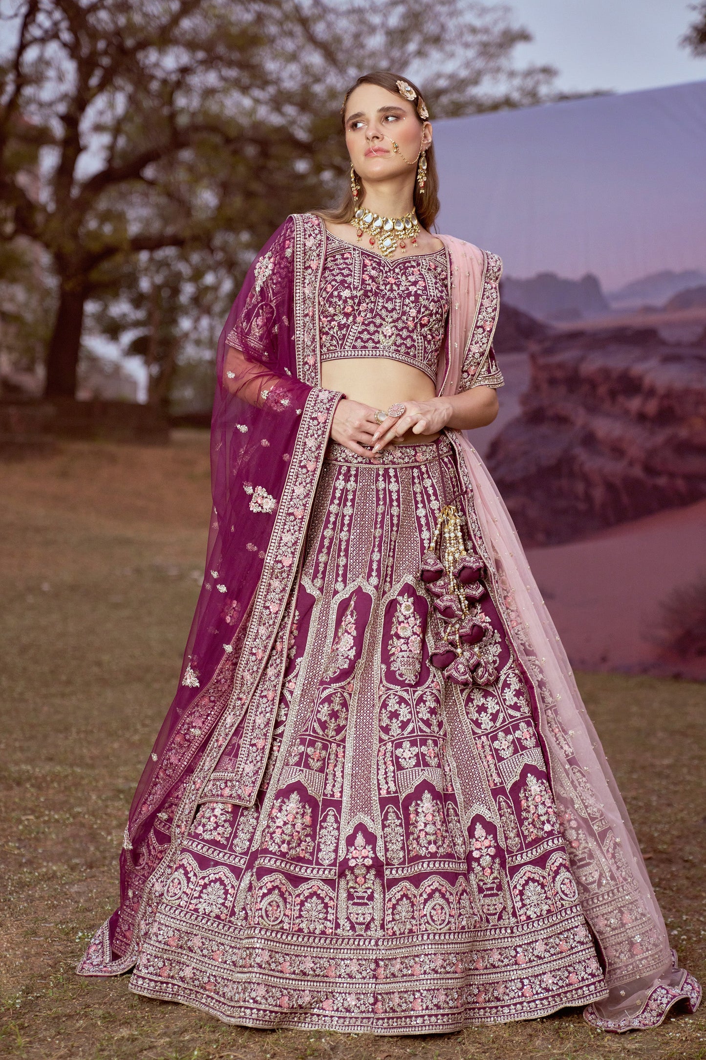 Purple Pure silk Moti, Sequins embroidery Bridal Lehenga