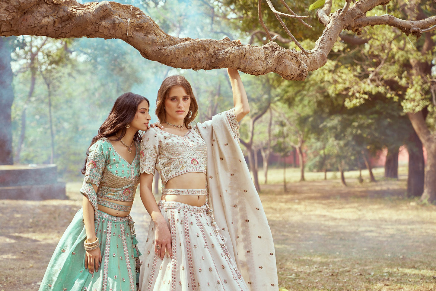 Seagreen Gold crushed Tissue Fabric Moti, Zari work Bridal Lehenga