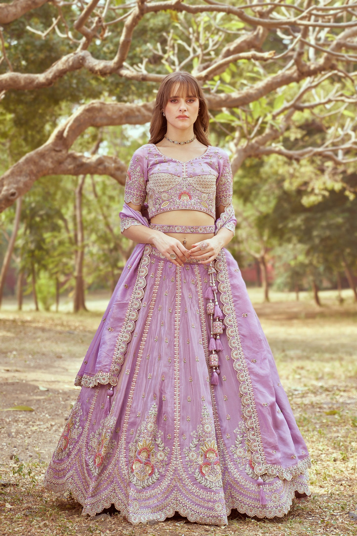 Lavender Gold crushed Tissue Fabric Moti, Zari work Bridal Lehenga