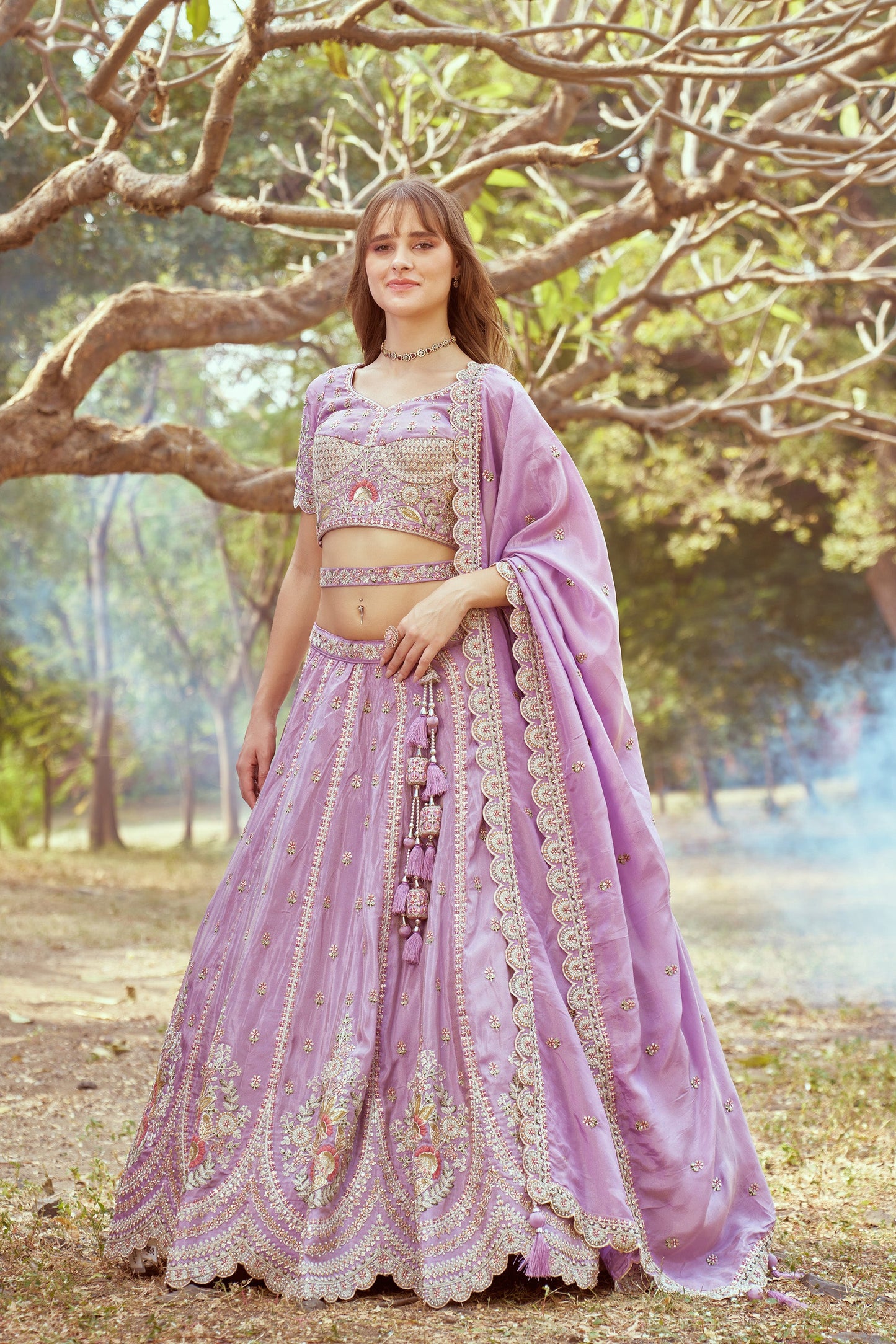 Lavender Gold crushed Tissue Fabric Moti, Zari work Bridal Lehenga