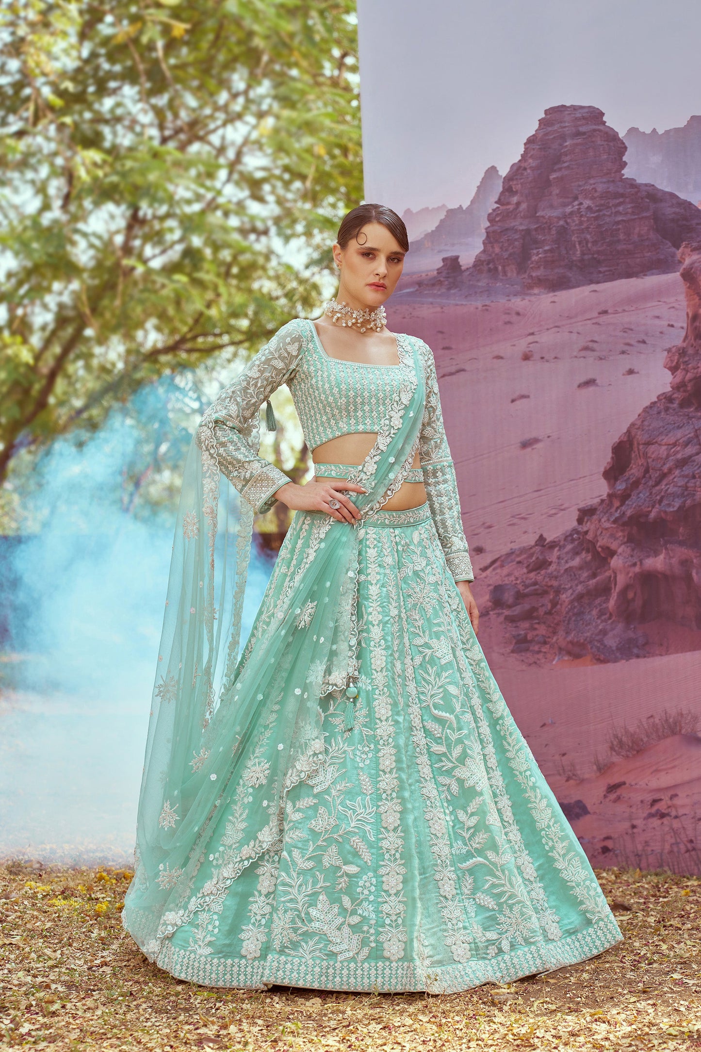 Sea green Organza Sequins embroidery Bridal Lehenga