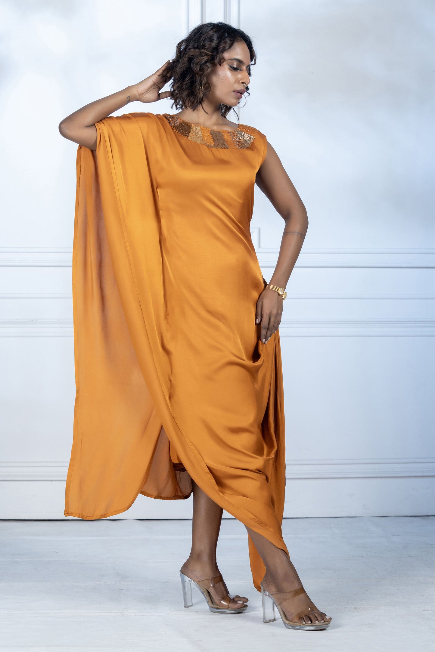 Rust Orange Gaji Silk Arabian Cowl Tunic