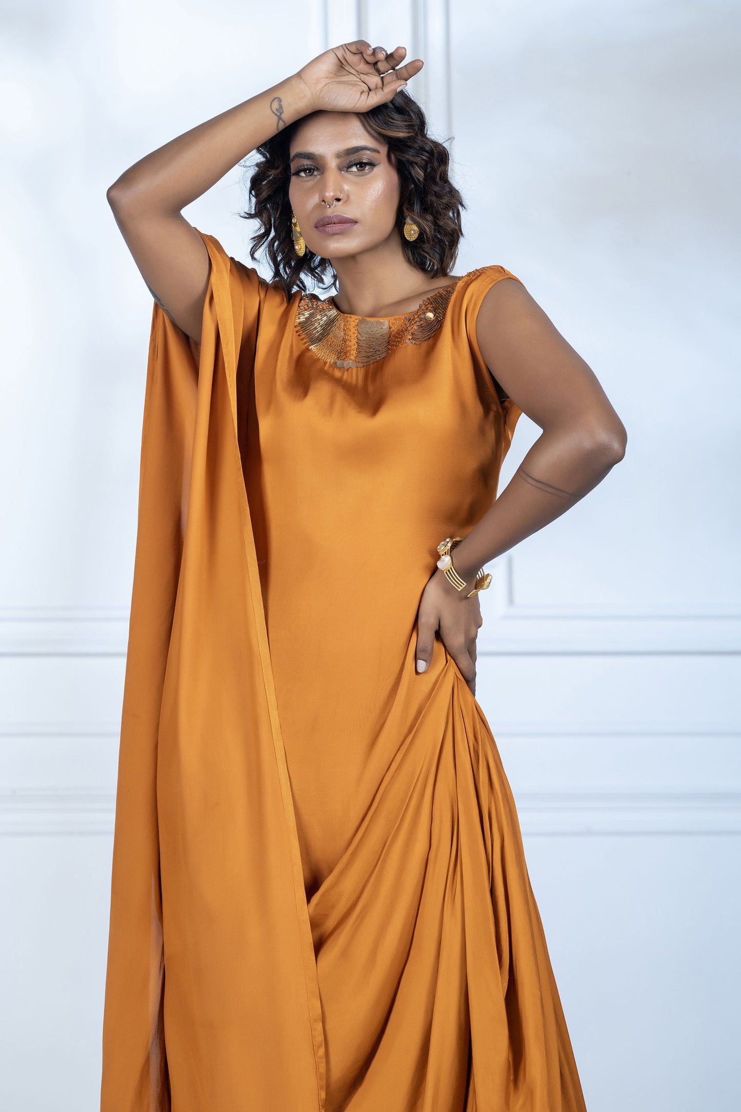 Rust Orange Gaji Silk Arabian Cowl Tunic