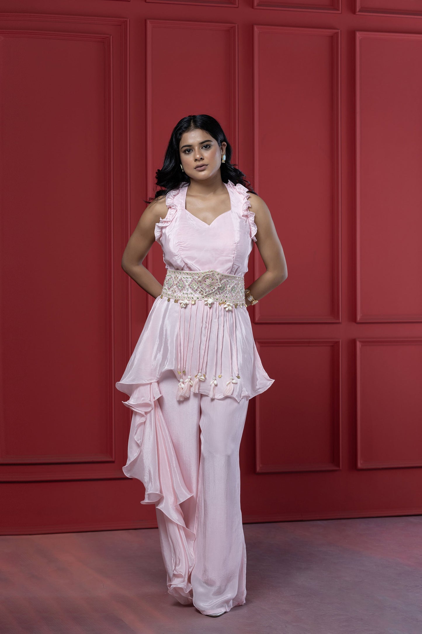 Baby Pink Indo Western Mirror & Shell's Palazzo Set
