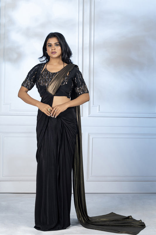 2 in 1 Black and Gold Sequence Drape Saree