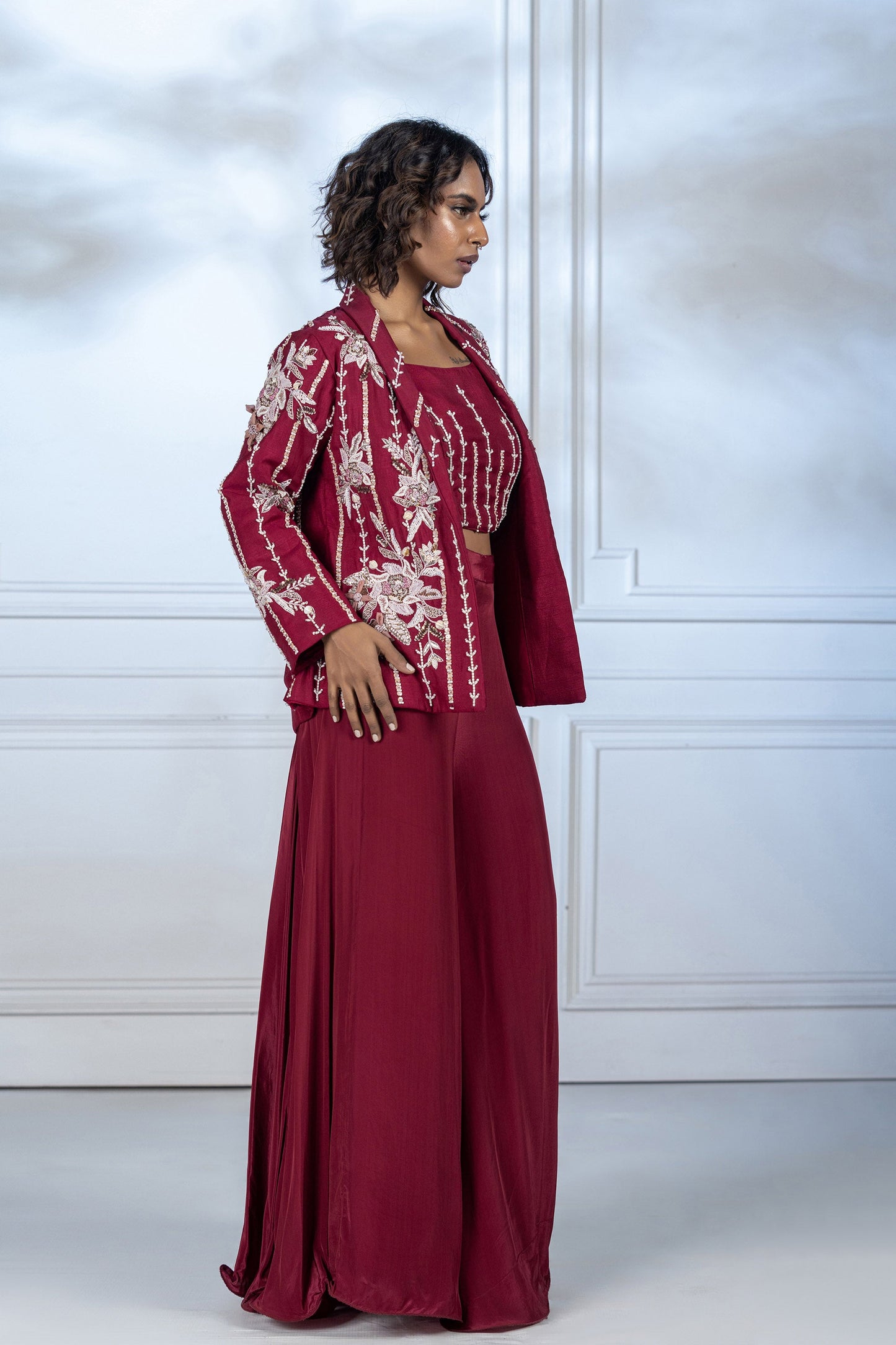Maroon Upada Silk Embroidered Applique 3 Piece Set
