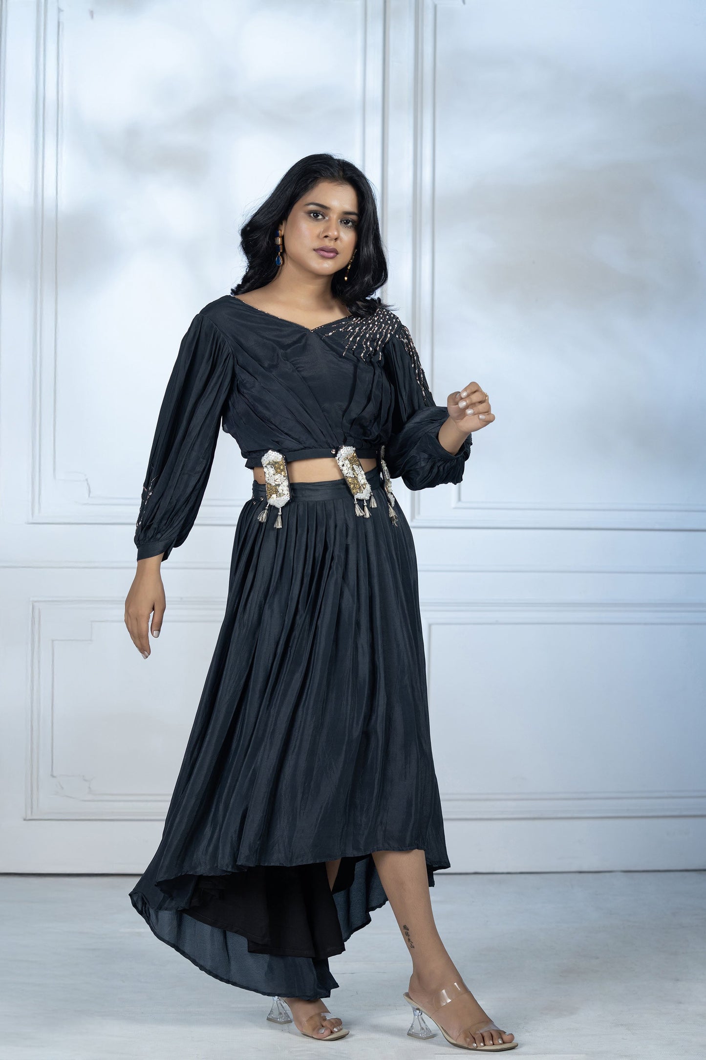 Navy Blue High-Low Skirt Set
