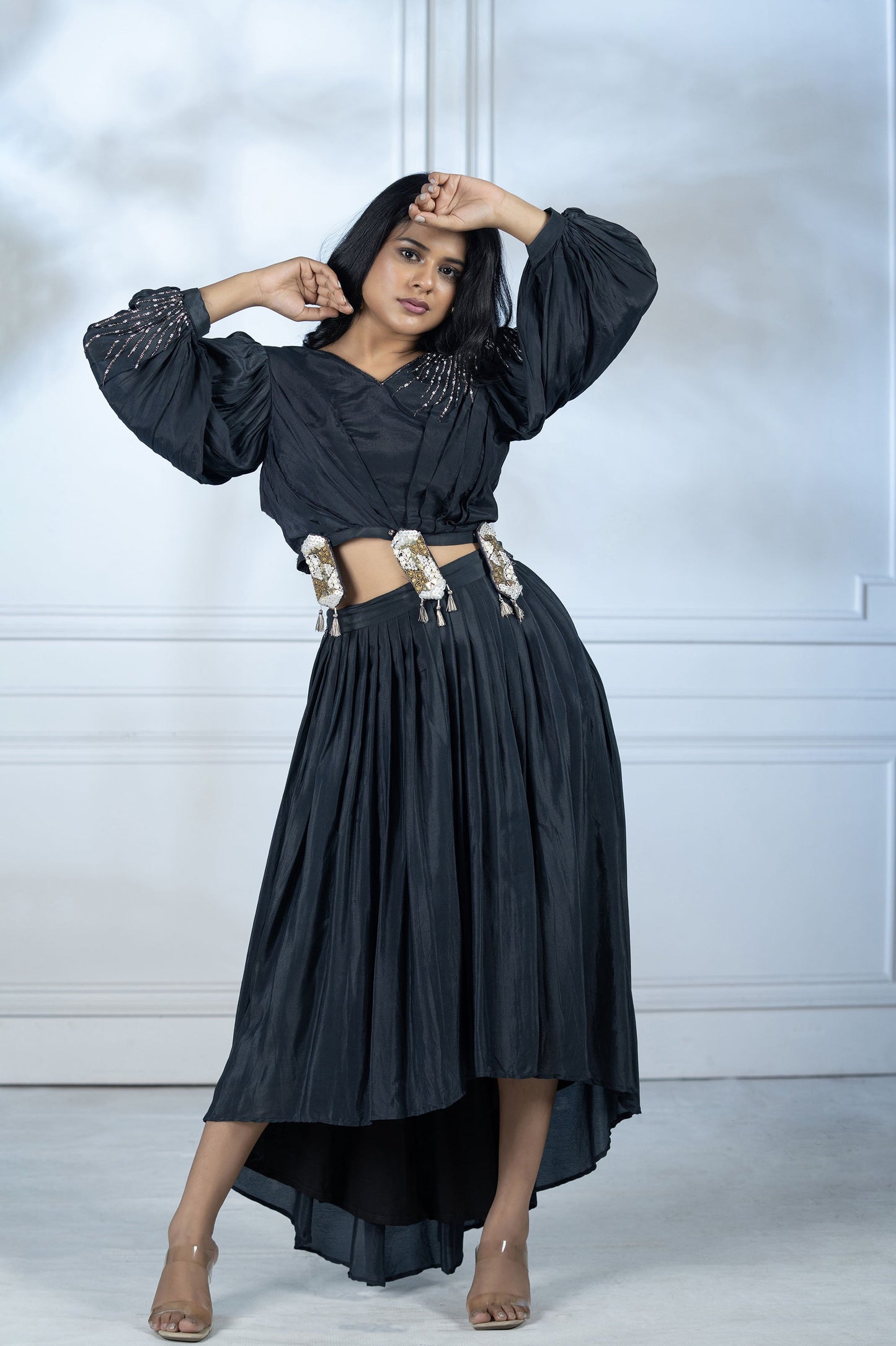 Navy Blue High-Low Skirt Set
