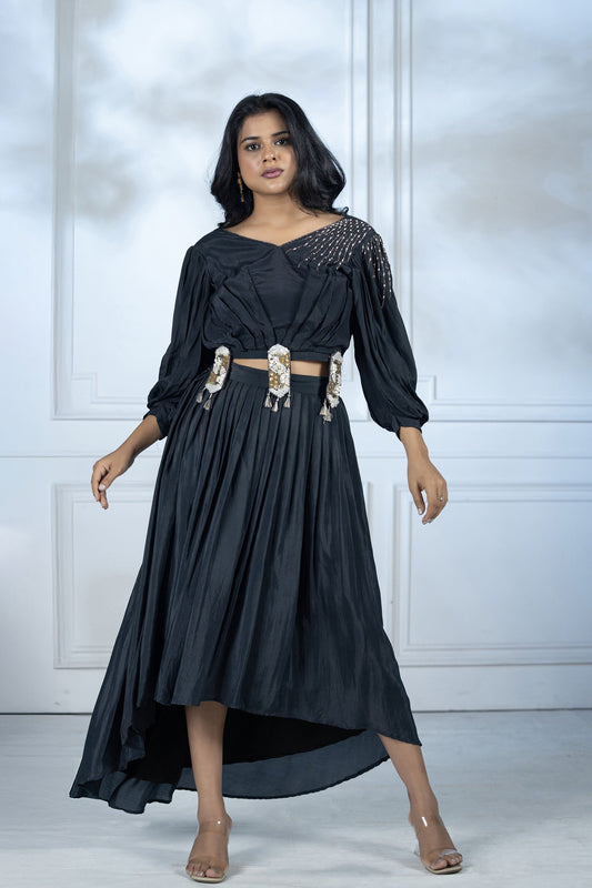 Navy Blue High-Low Skirt Set