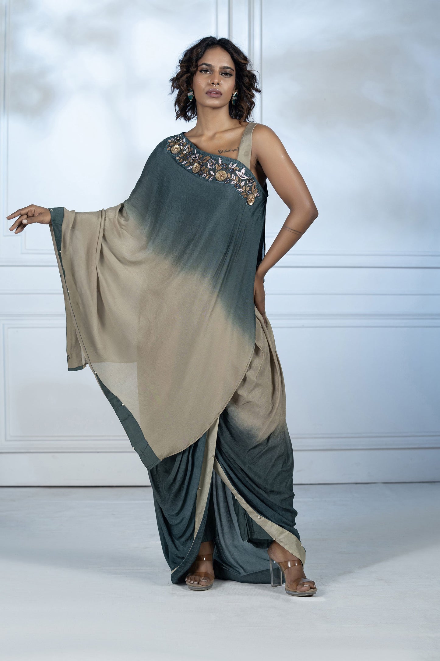 Green Asymmetric Dhoti Set