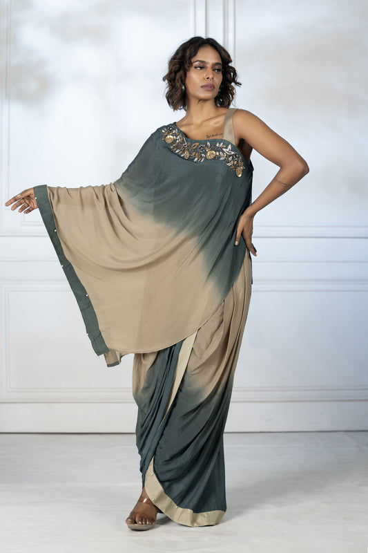 Green Asymmetric Dhoti Set