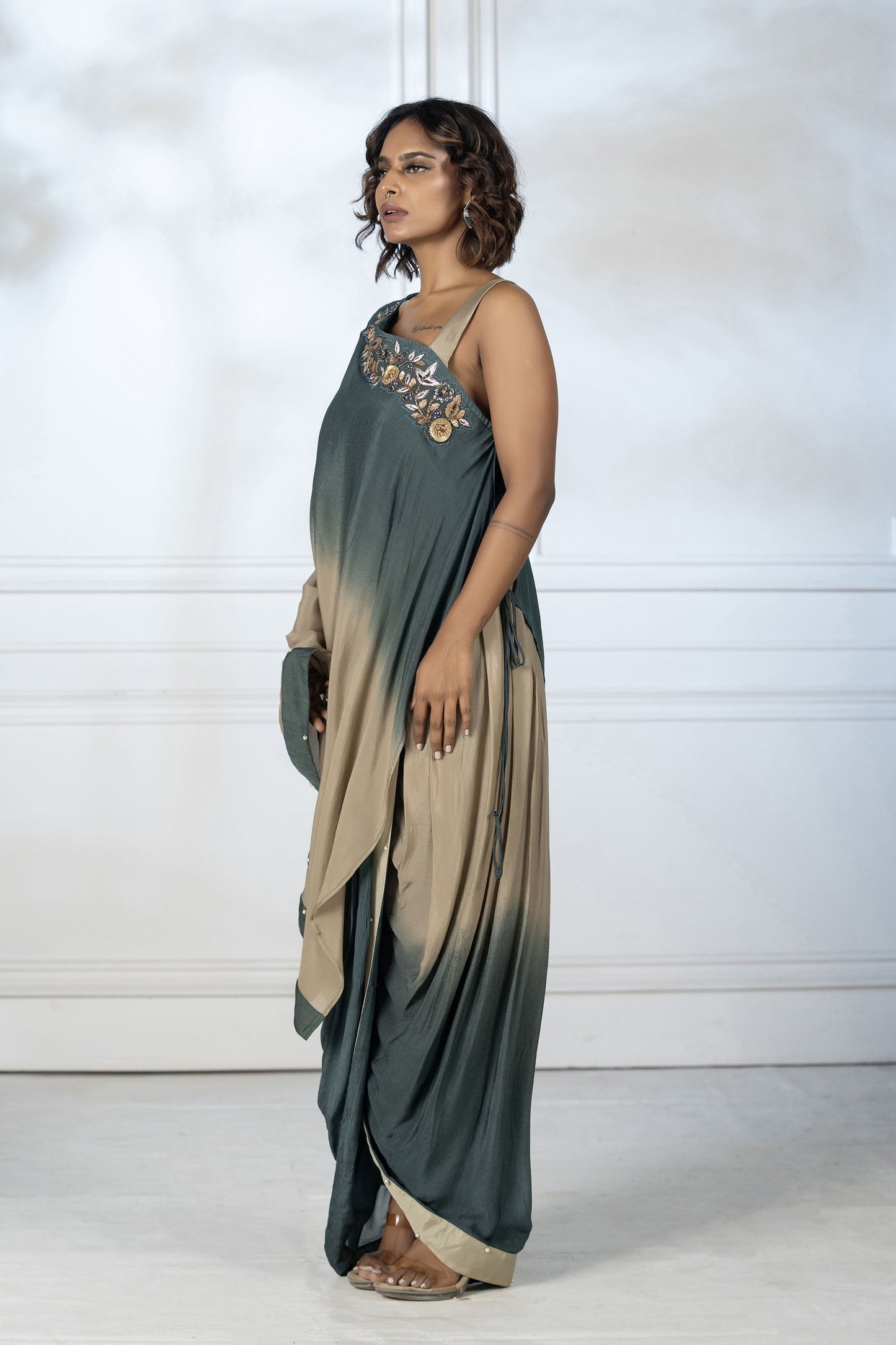 Green Asymmetric Dhoti Set
