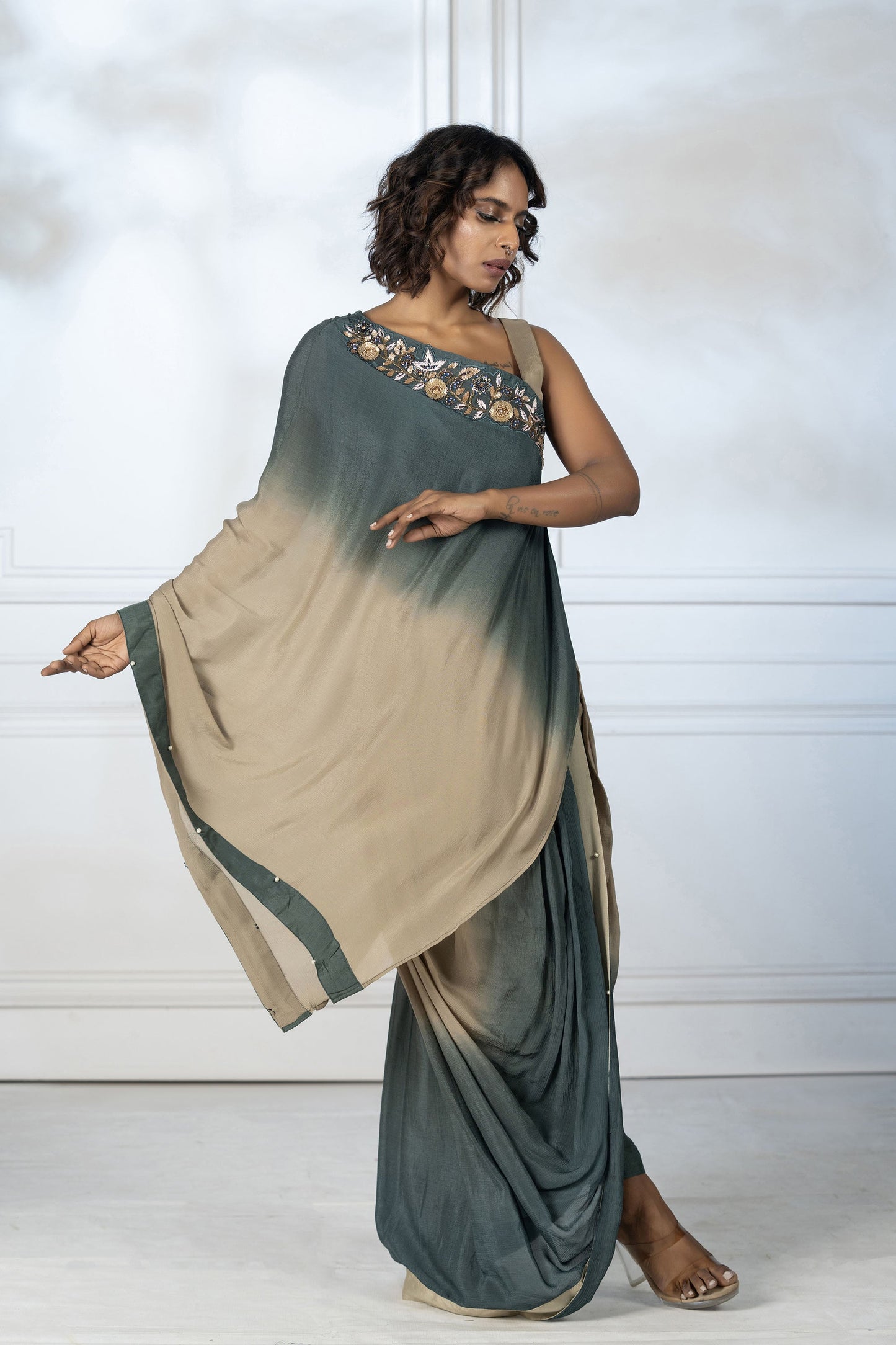 Green Asymmetric Dhoti Set