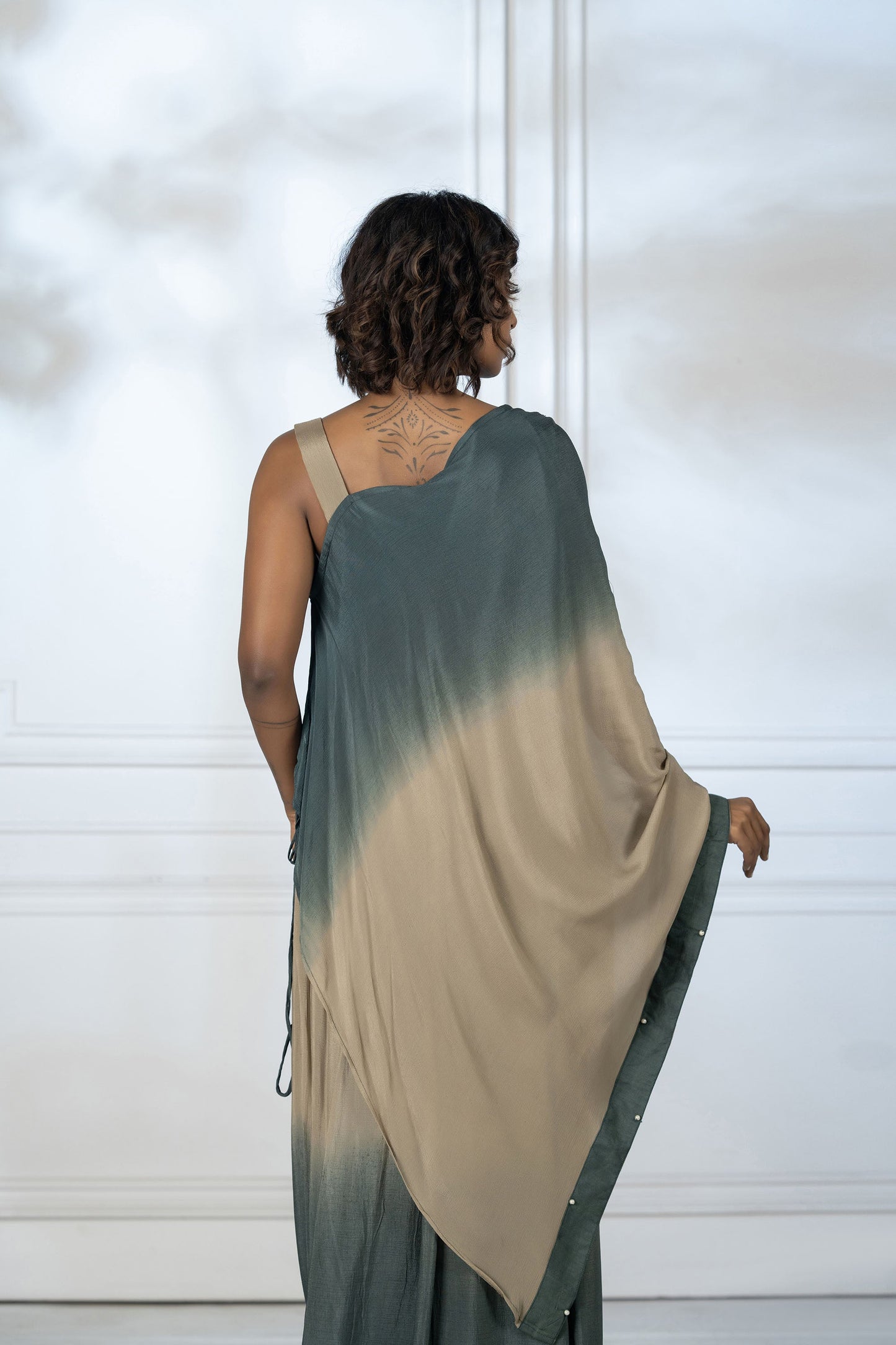Green Asymmetric Dhoti Set