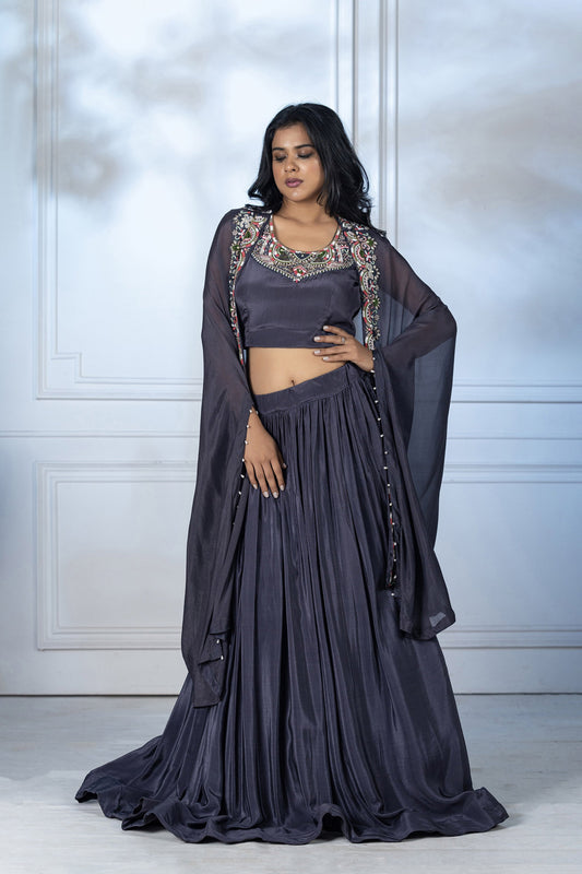 Steel Grey Crepe Cape Jacket Set