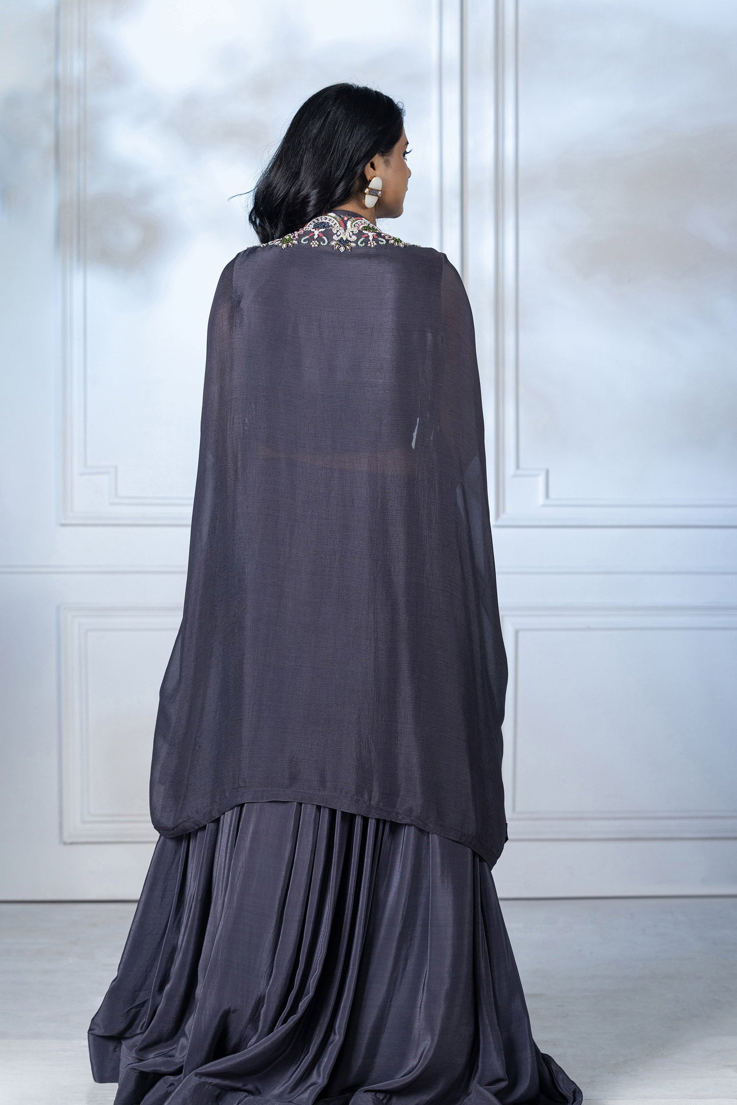 Steel Grey Crepe Cape Jacket Set