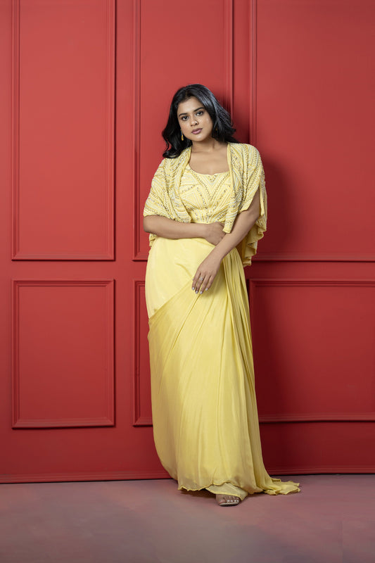 Yellow chinon Cape Style Jacket Set