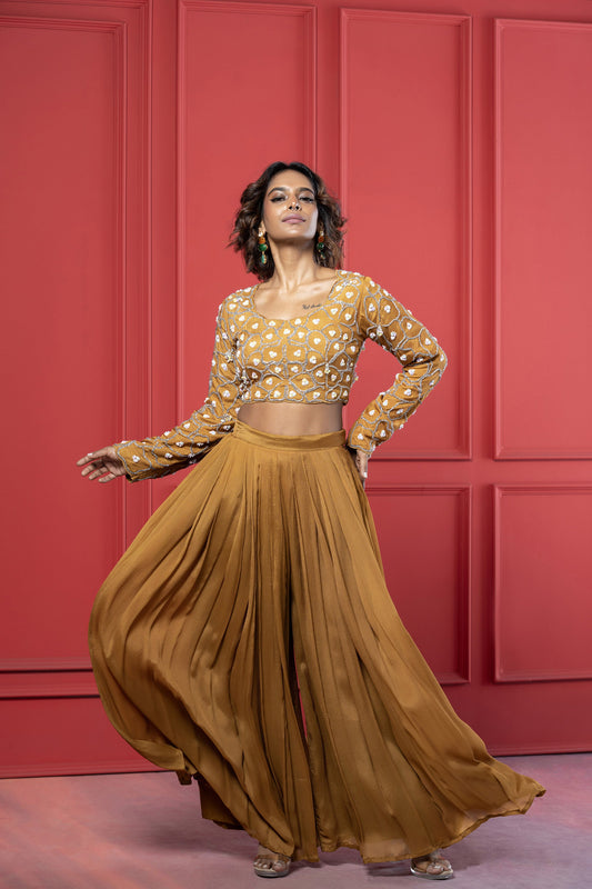 Yellow ochre Dola Silk Embroidered Crop Top Palazzo Set