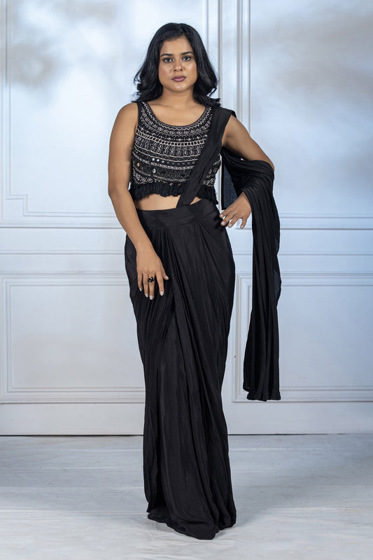 Charcoal Grey Dola Silk Drape Saree