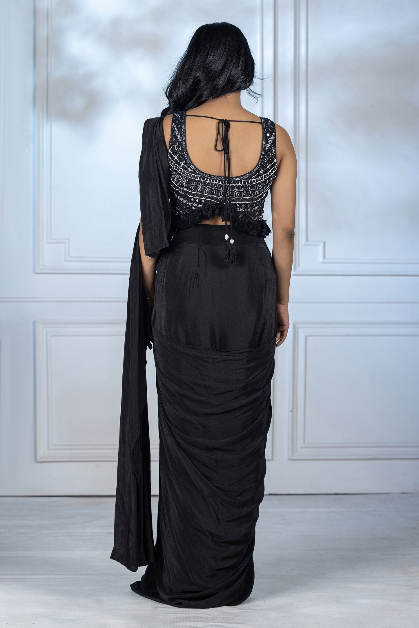 Charcoal Grey Dola Silk Drape Saree