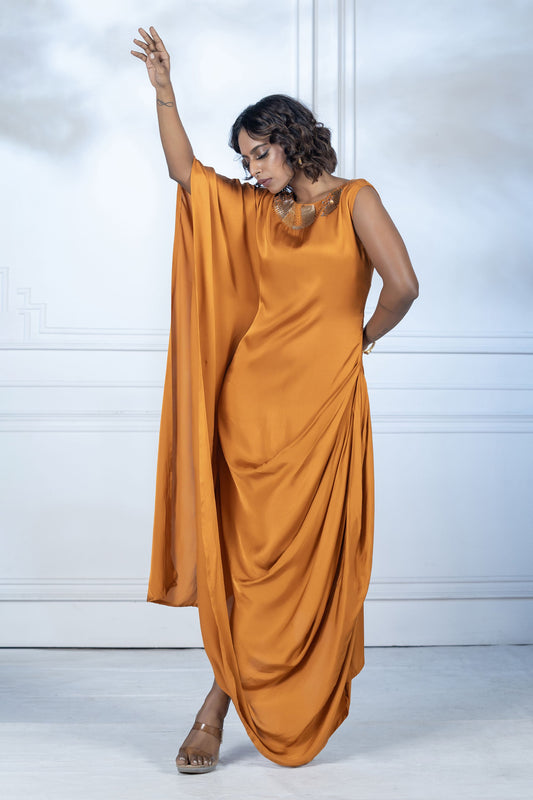 Rust Orange Gaji Silk Arabian Cowl Tunic
