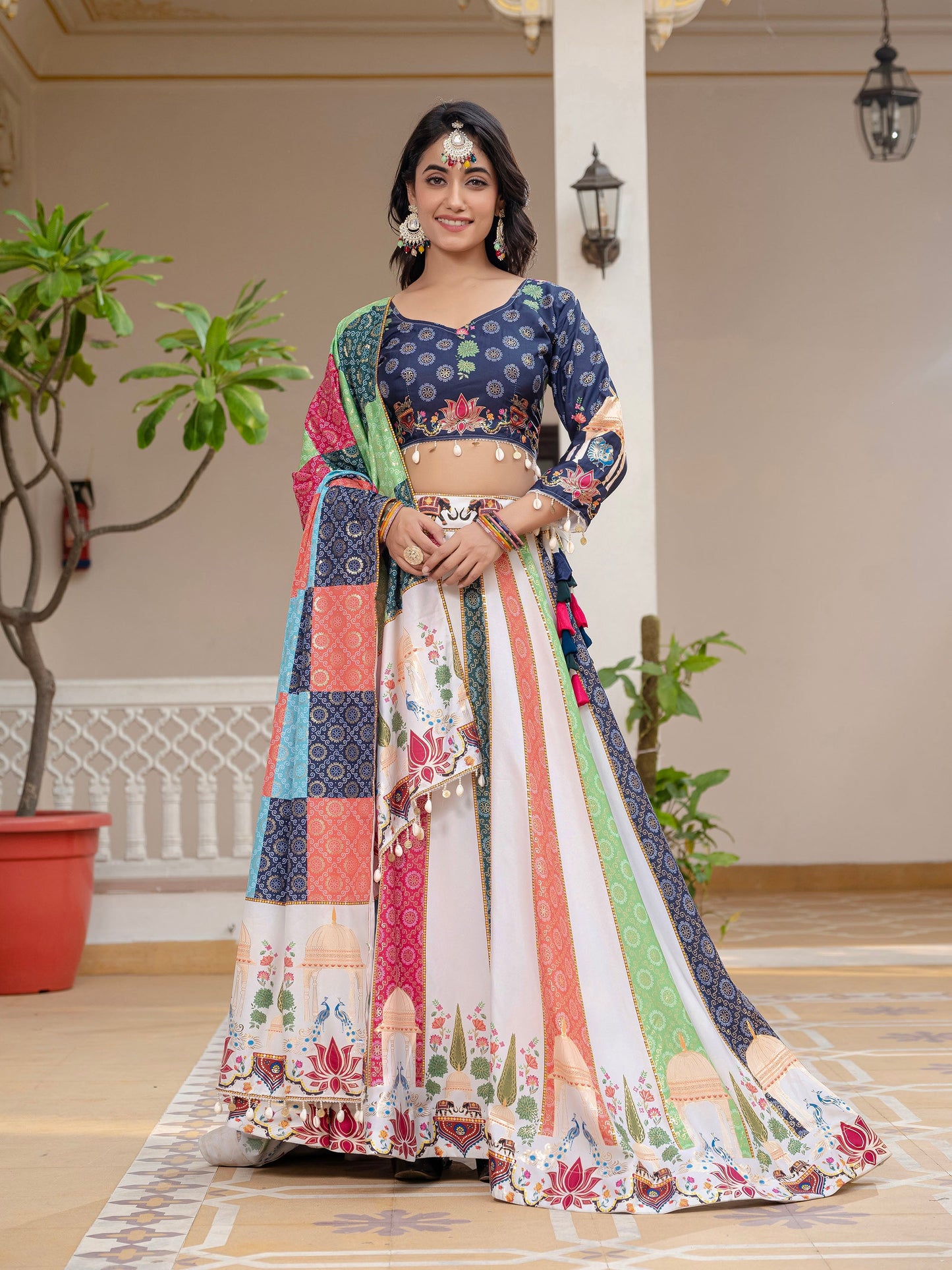 Blue & White Crepe Silk Foil Printed Navratri Chaniya Choli