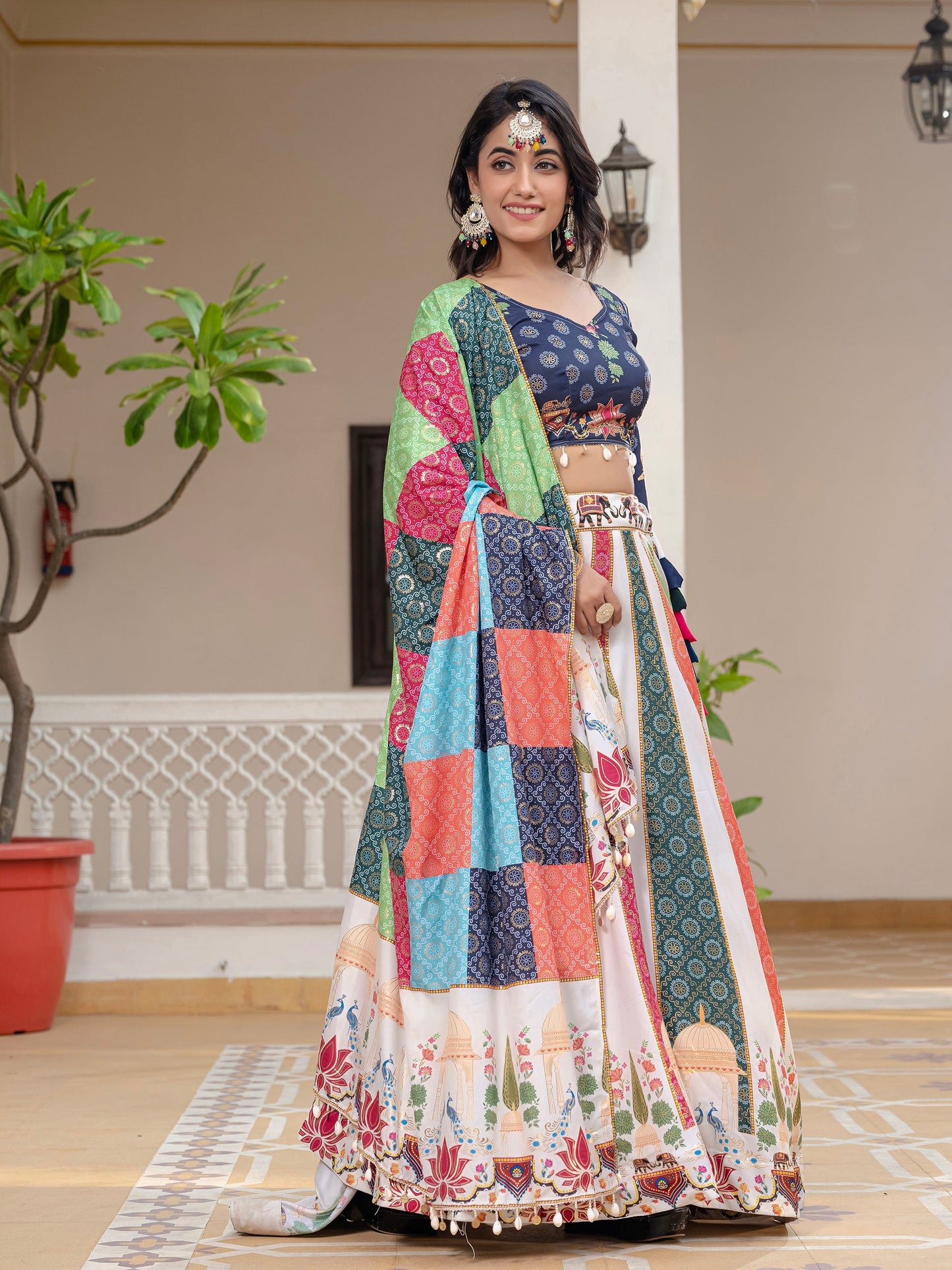 Blue & White Crepe Silk Foil Printed Navratri Chaniya Choli