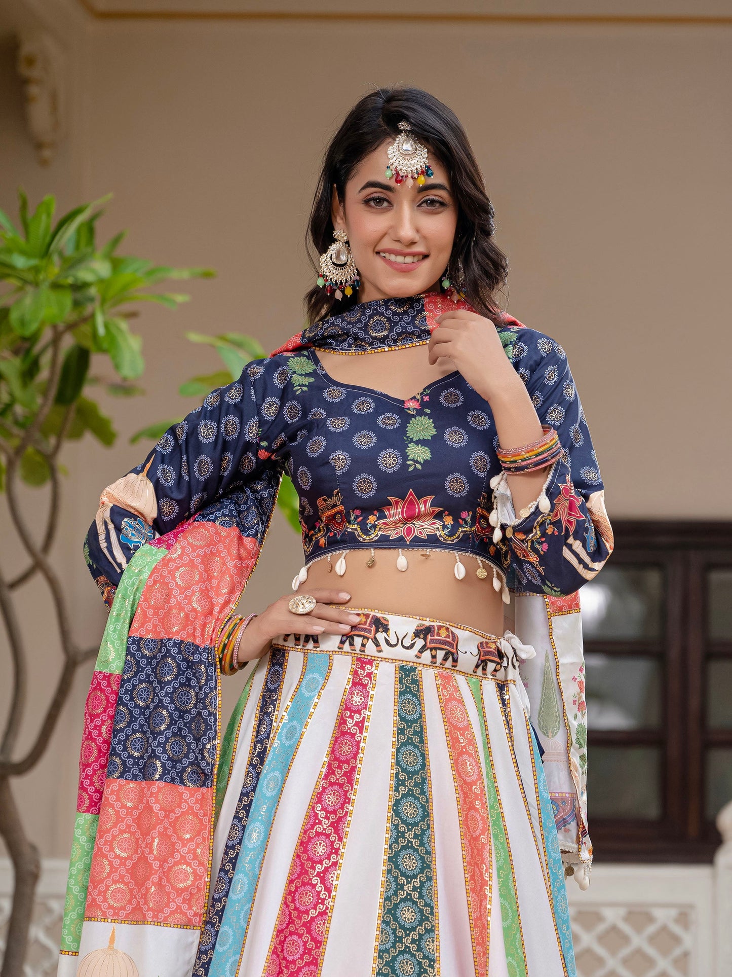 Blue & White Crepe Silk Foil Printed Navratri Chaniya Choli