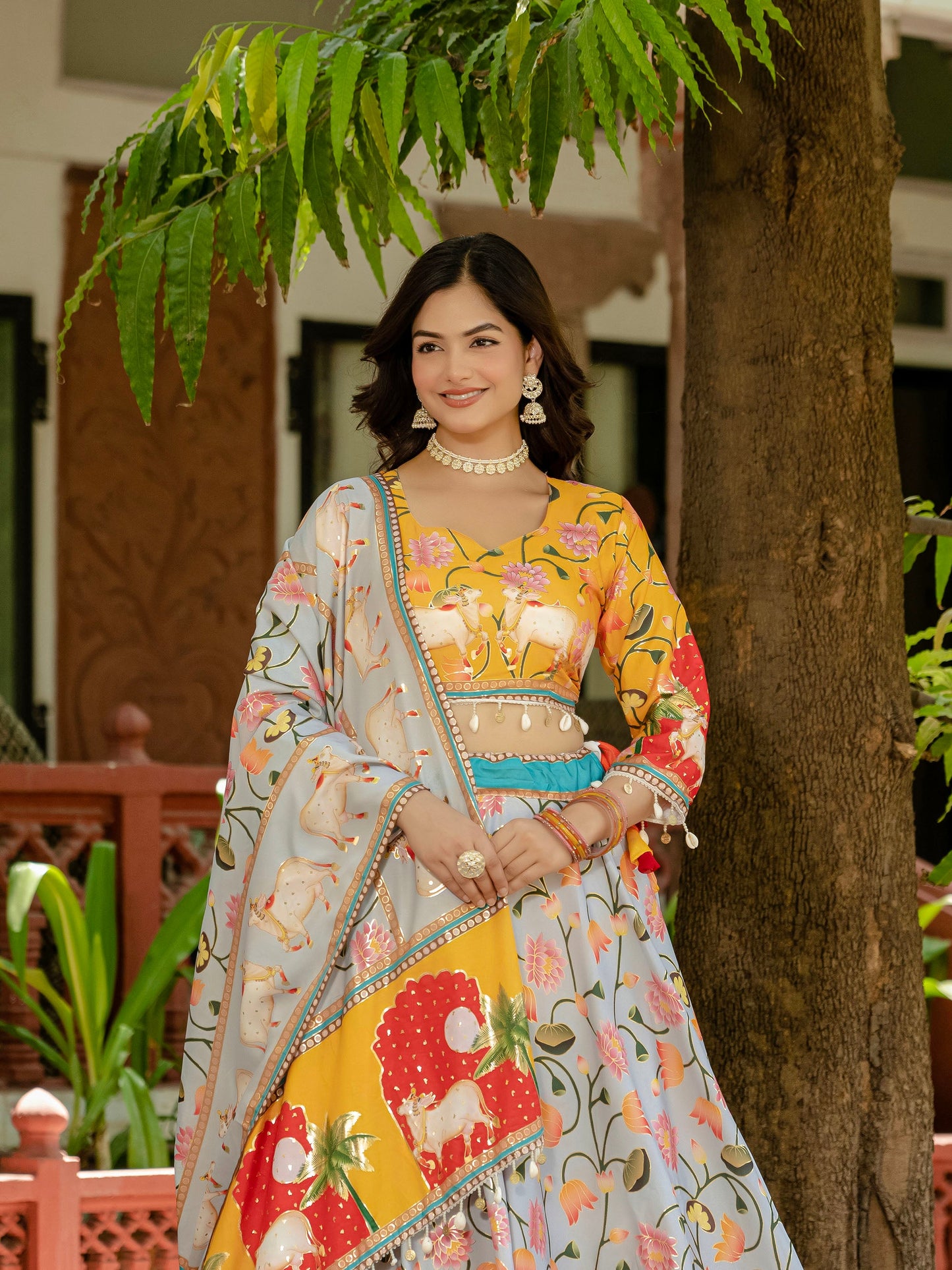 Yellow & Grey Crepe Silk Foil Printed Navratri Chaniya Choli