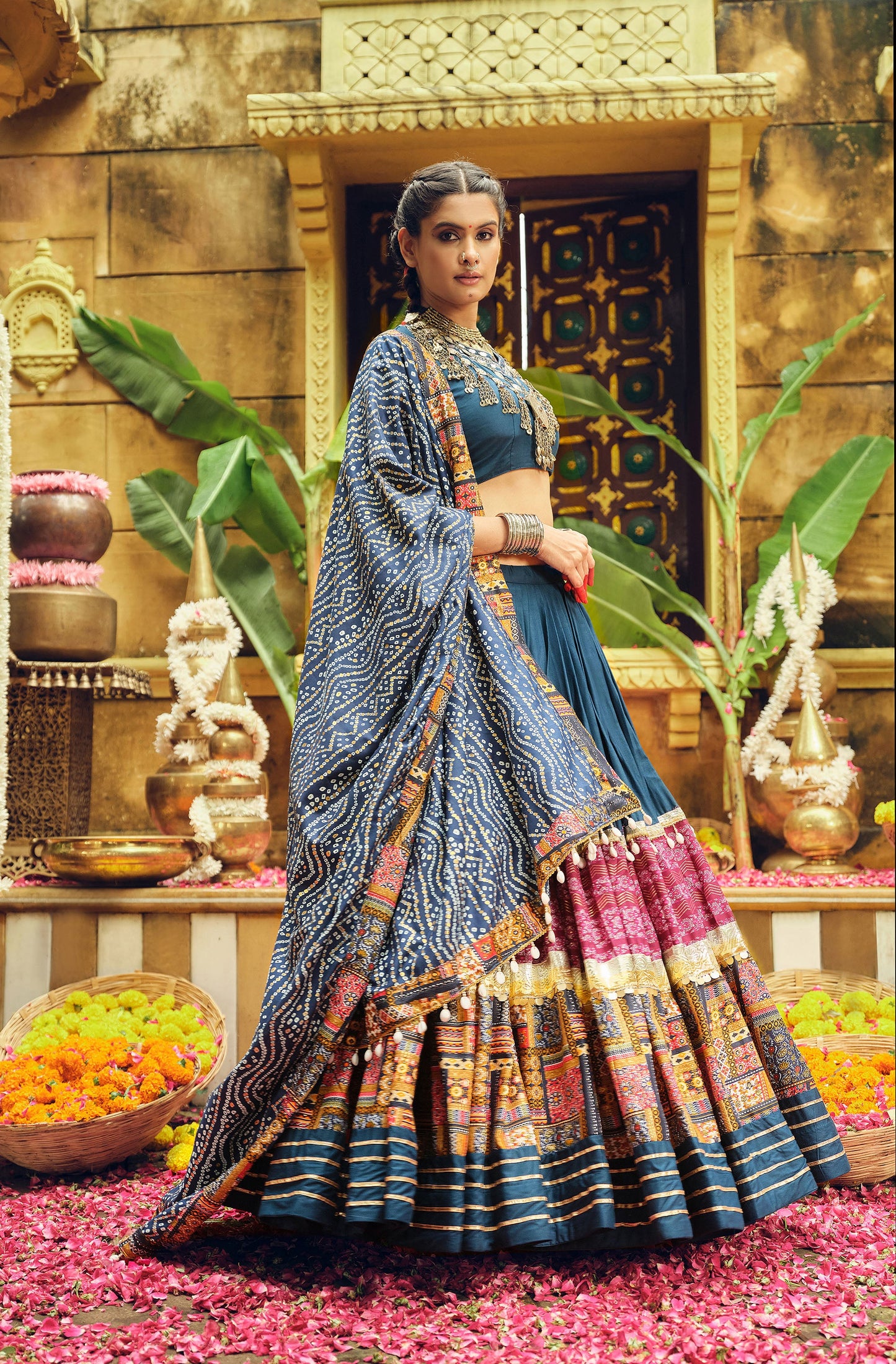 Blue Rayon Foil Printed Navratri Chaniya Choli