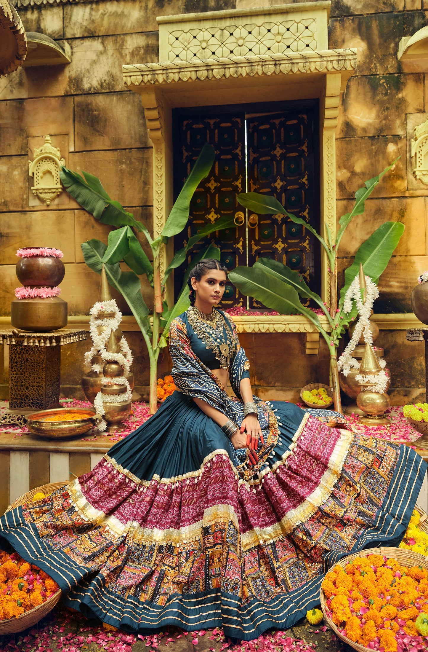 Blue Rayon Foil Printed Navratri Chaniya Choli