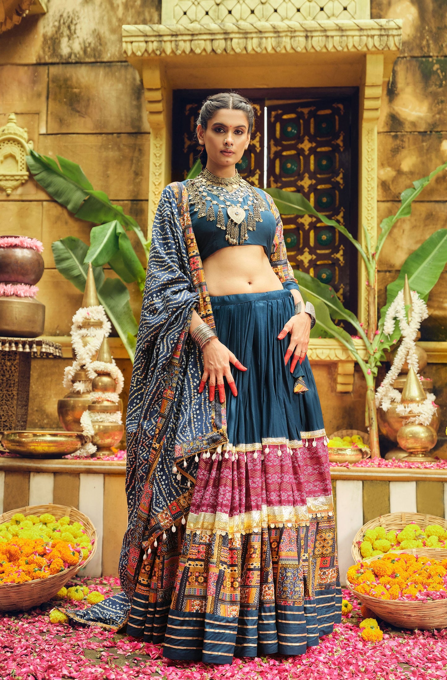 Blue Rayon Foil Printed Navratri Chaniya Choli