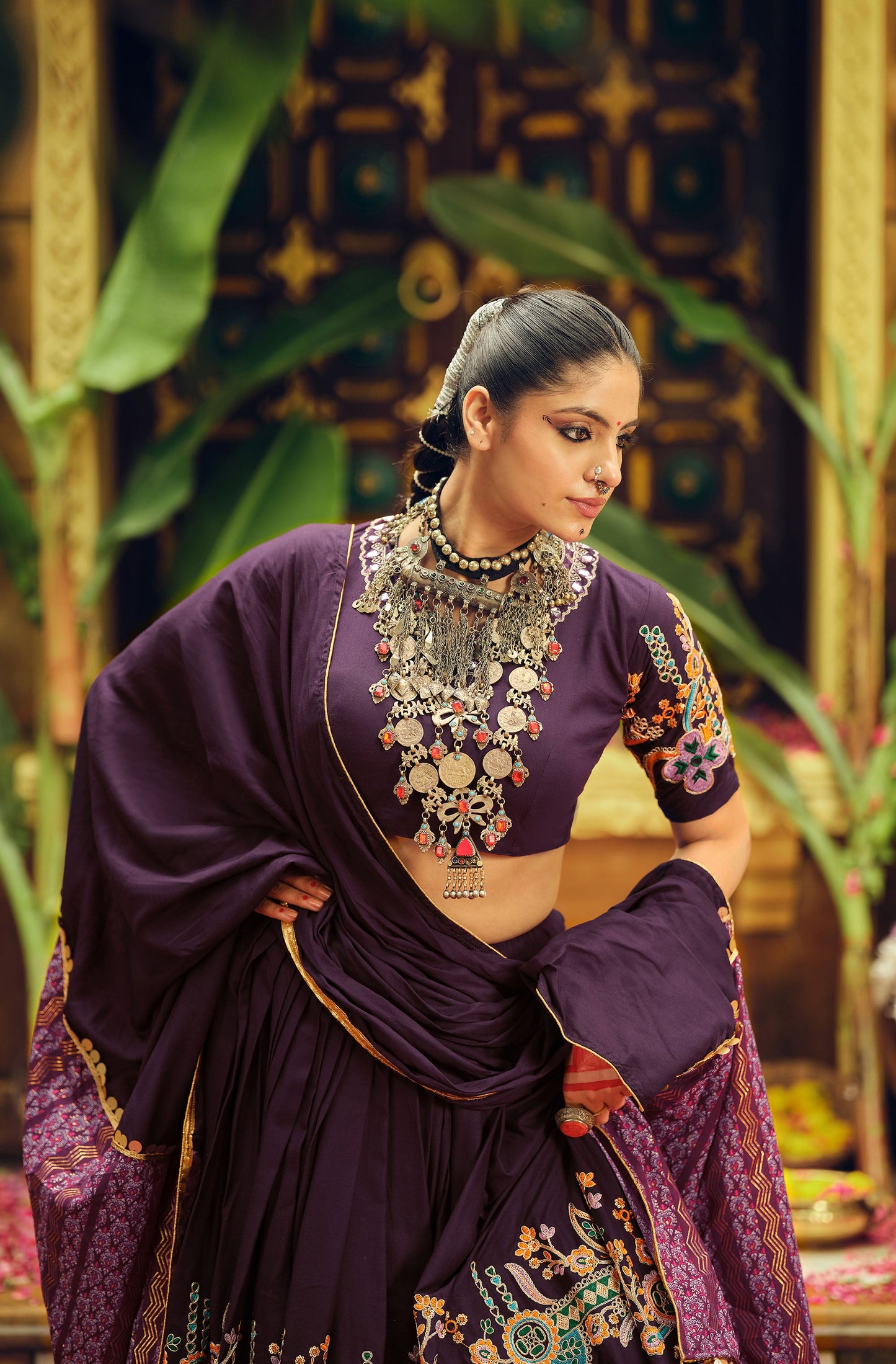 Purple Rayon Foil Printed Navratri Chaniya Choli
