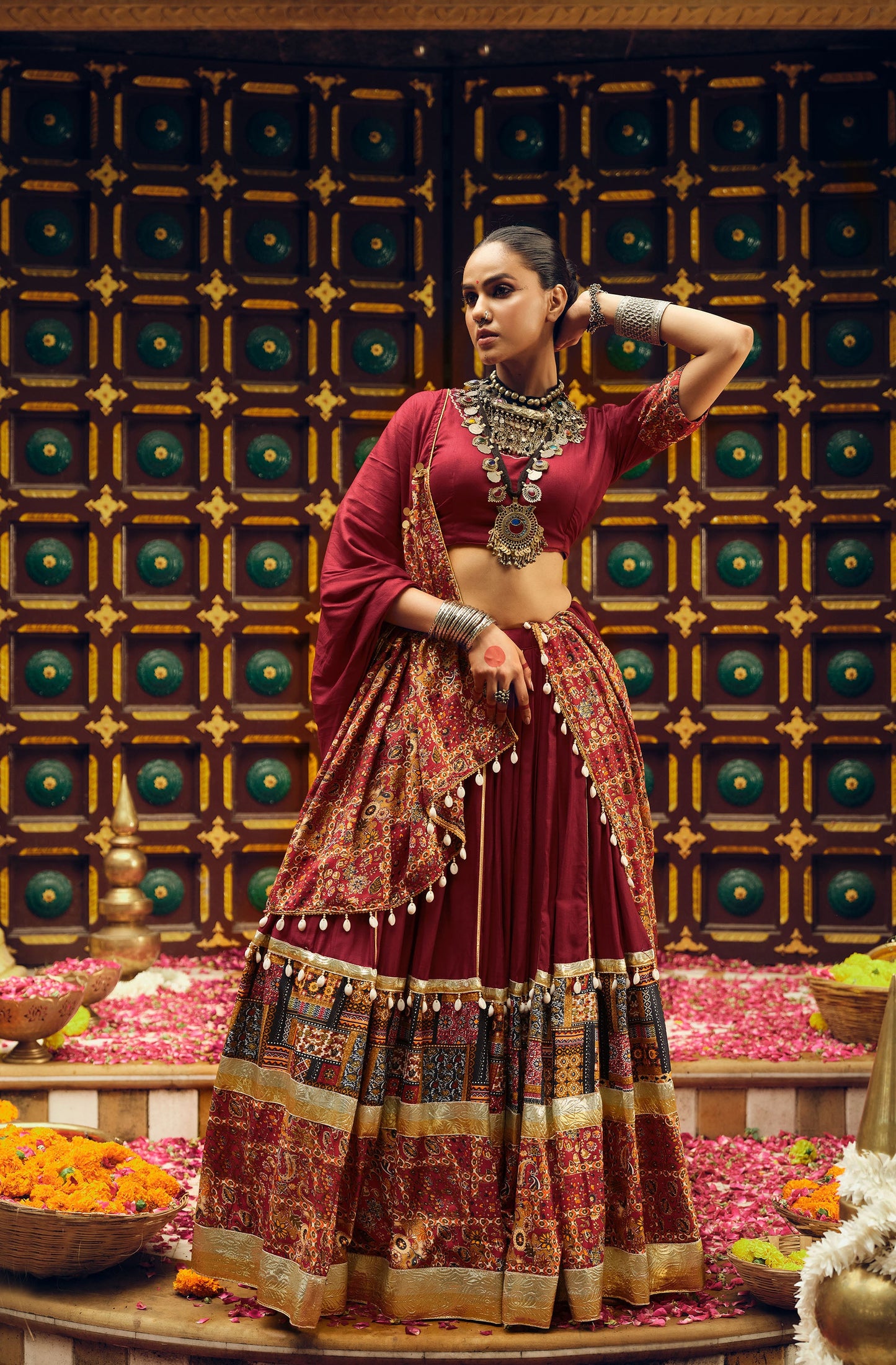 Dark Maroon Rayon Foil Printed Navratri  Chaniya Choli