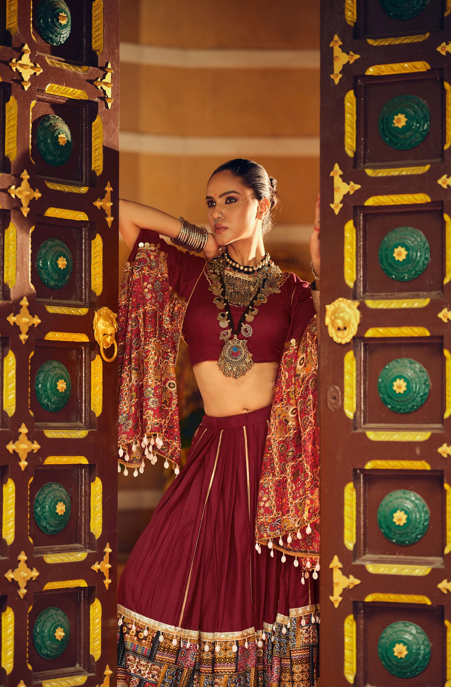 Dark Maroon Rayon Foil Printed Navratri  Chaniya Choli