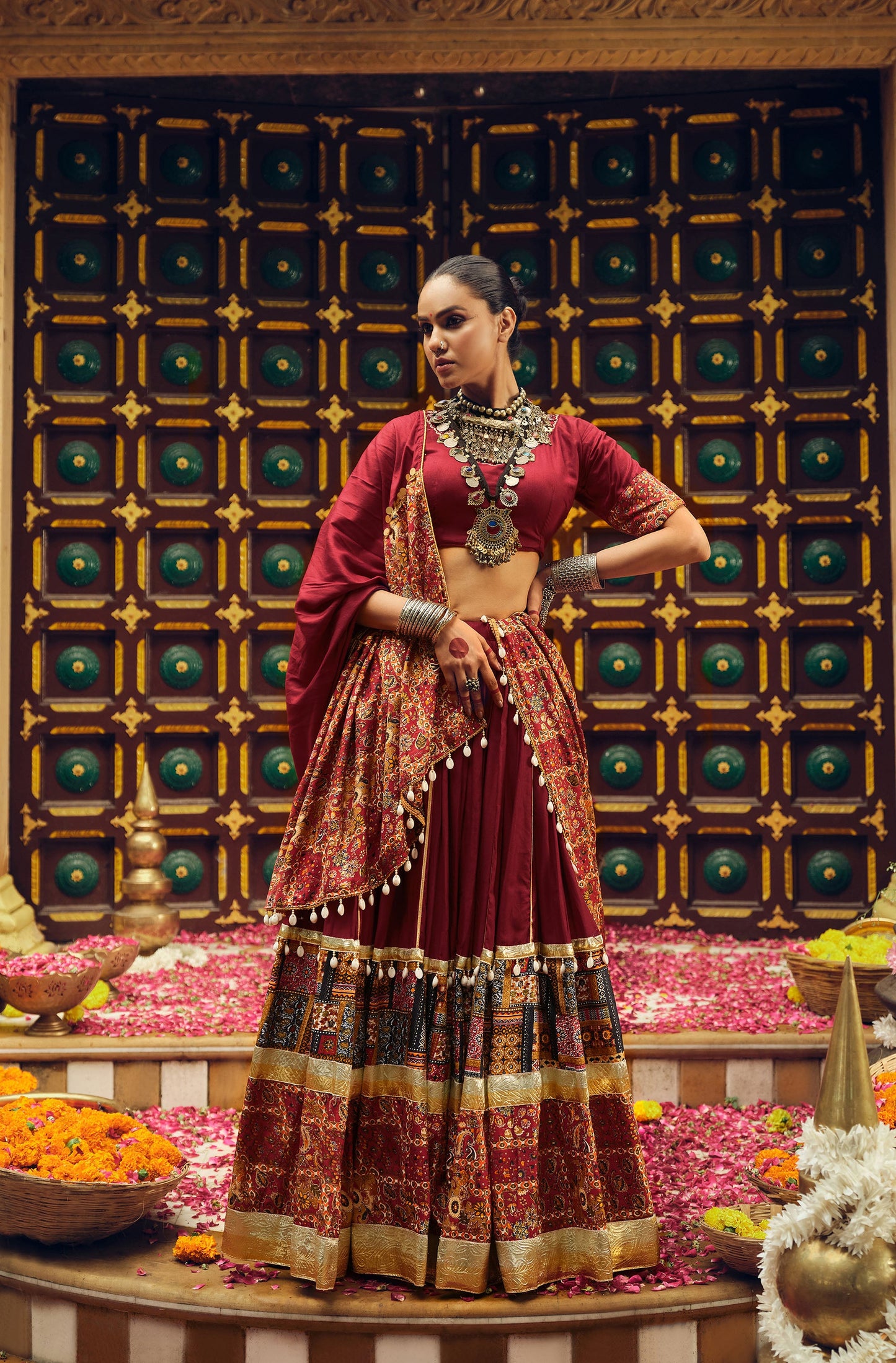 Dark Maroon Rayon Foil Printed Navratri Chaniya Choli