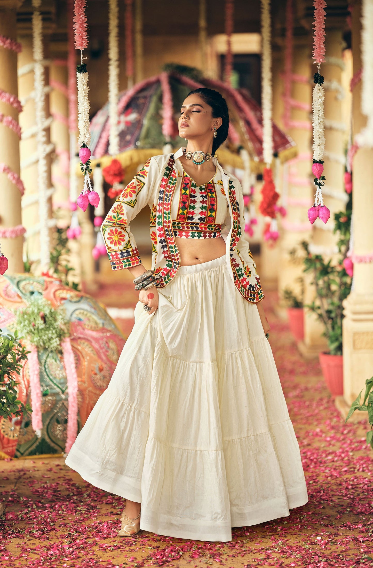 White Cotton Thread Embroidered Navratri Chaniya Choli