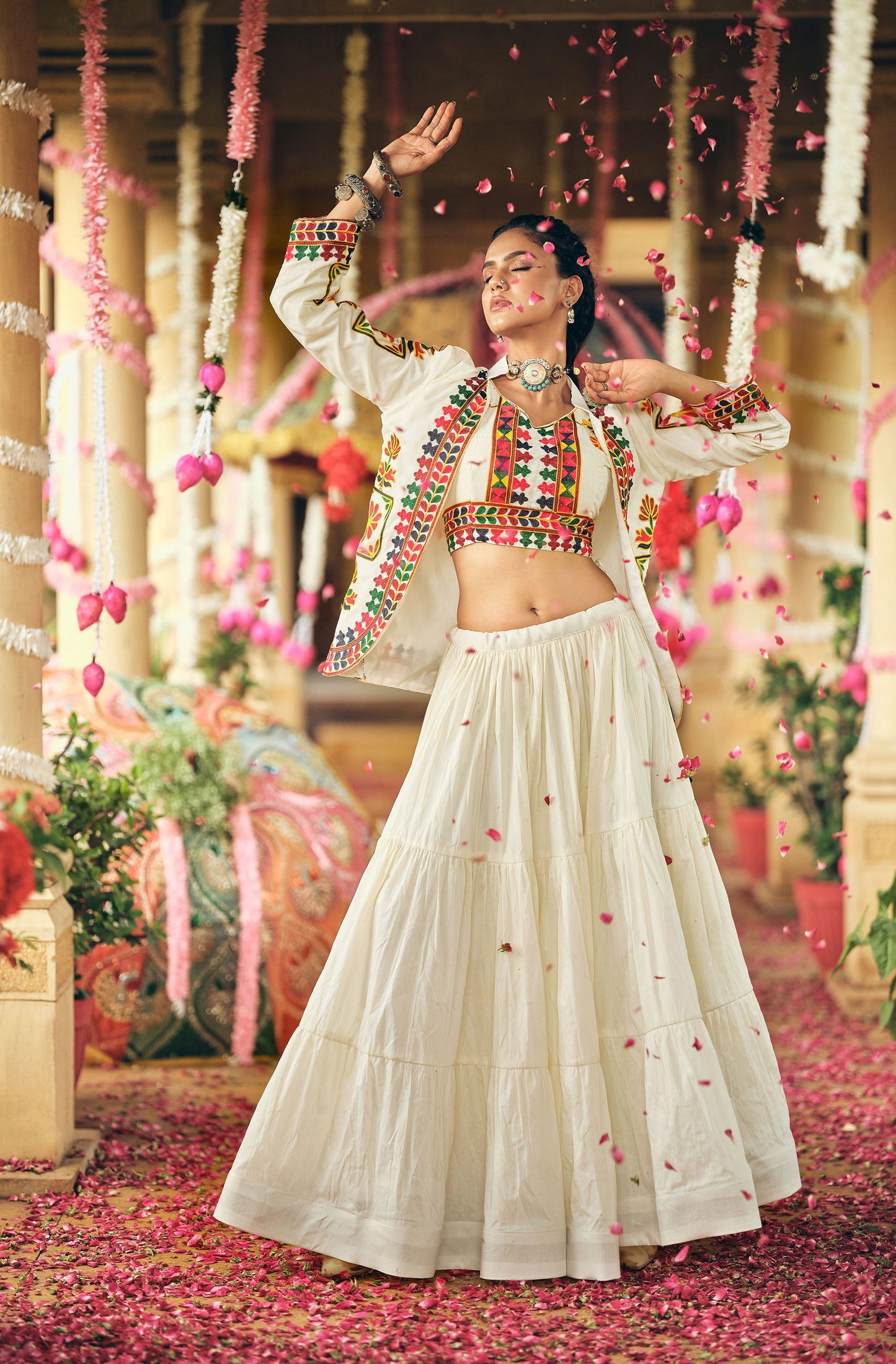 White Cotton Thread Embroidered Navratri Chaniya Choli