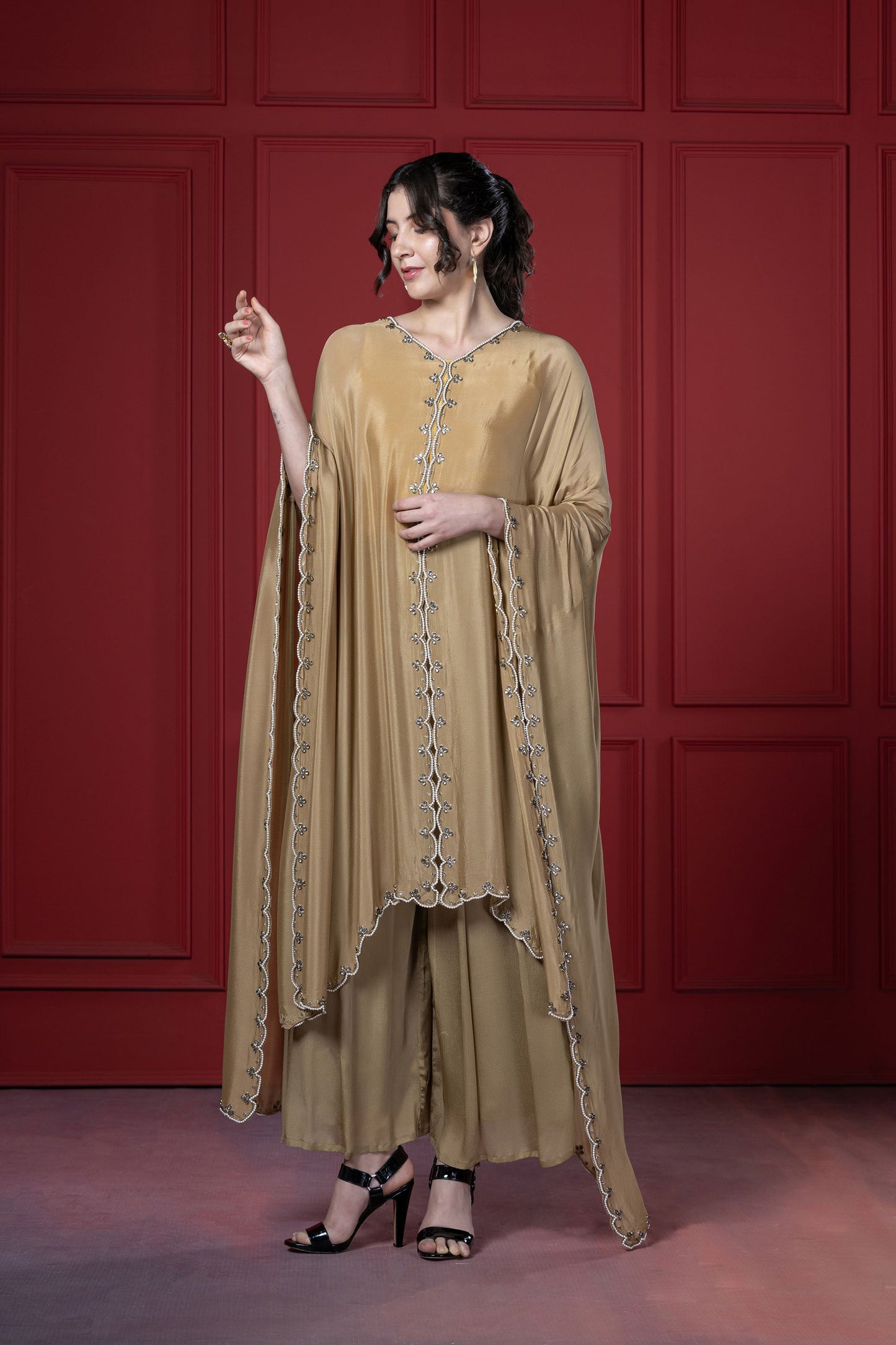 Golden Chinnon kundan Kaftan Set