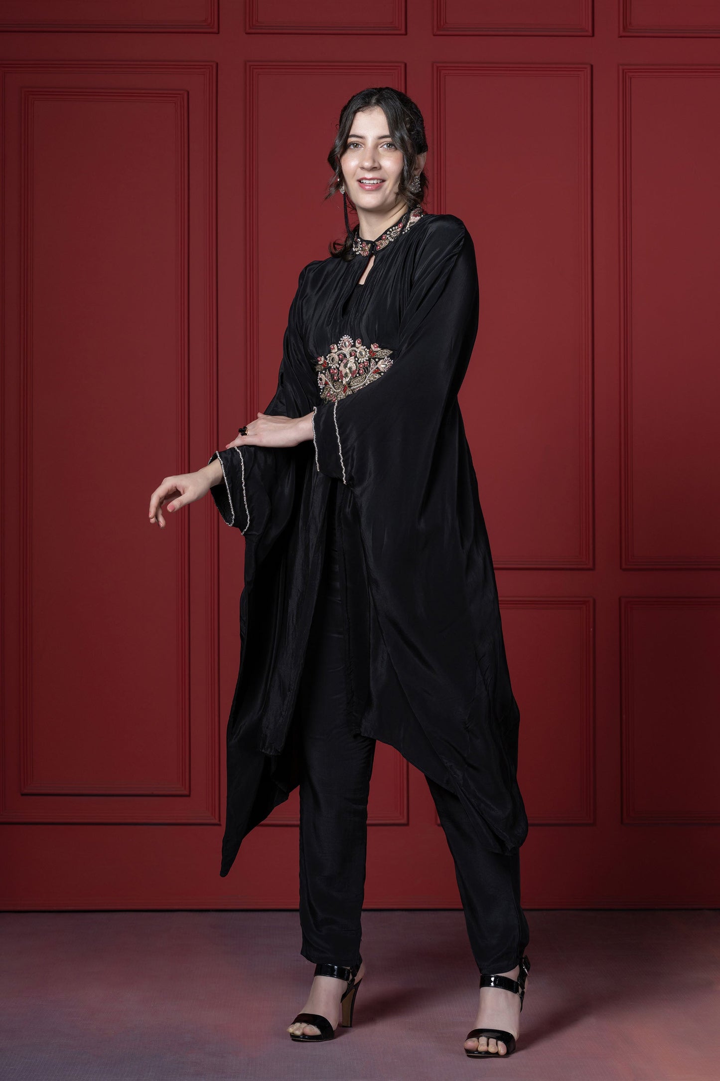 Black Crepe Patch Kaftan  Set
