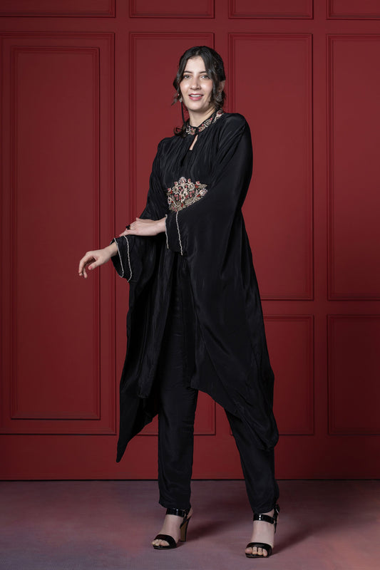 Black Crepe Patch Kaftan  Set