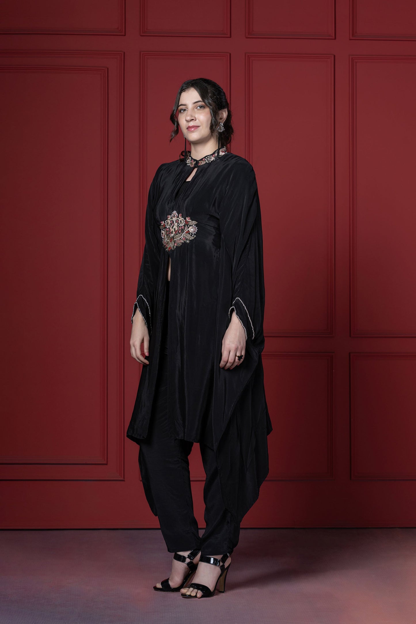 Black Crepe Patch Kaftan  Set