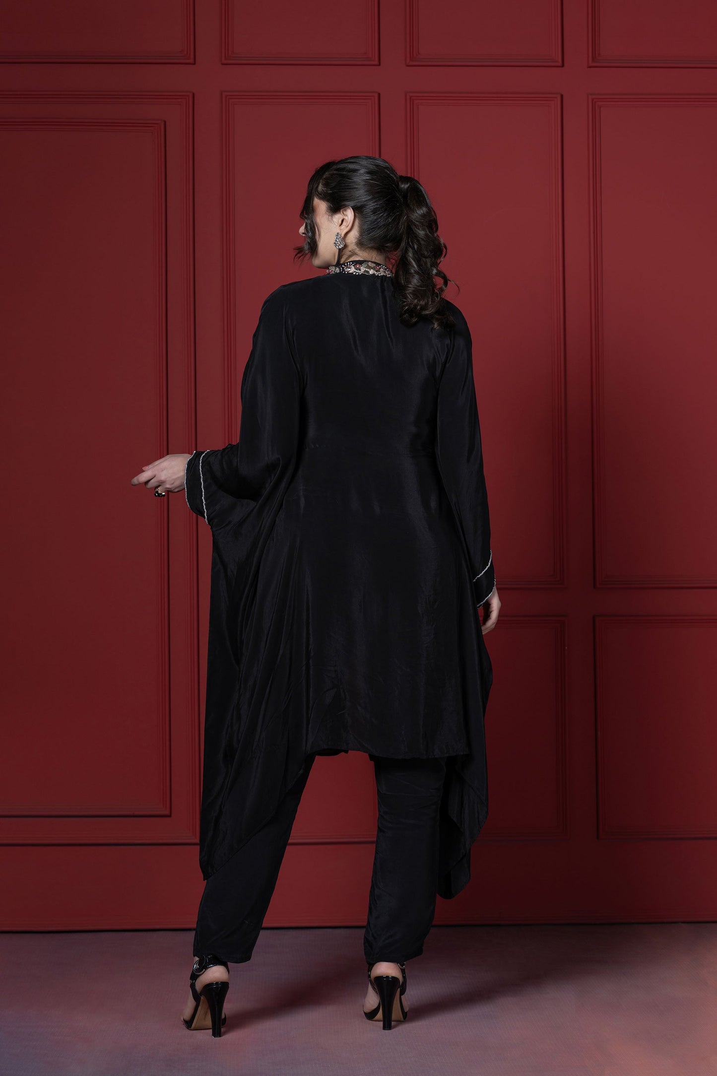 Black Crepe Patch Kaftan  Set