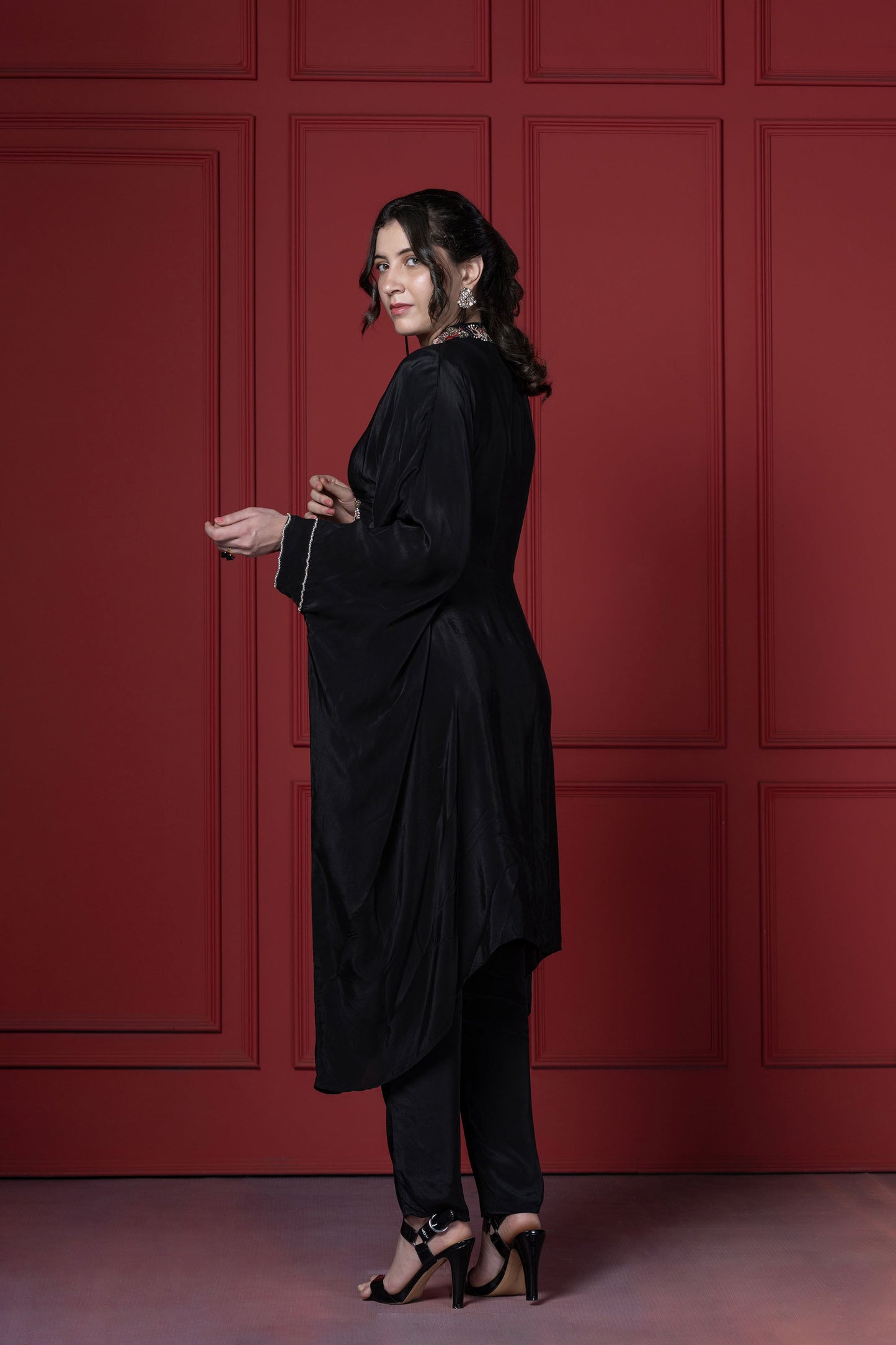 Black Crepe Patch Kaftan  Set