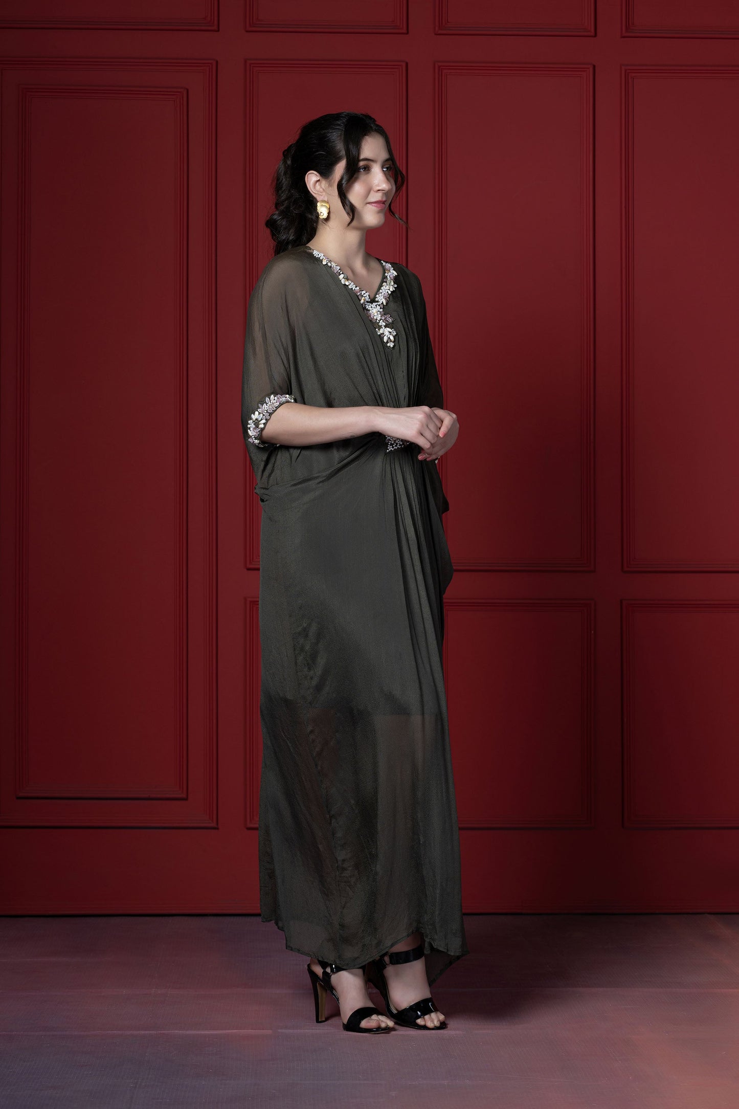 Olive Green Gathered Kaftan Tunic