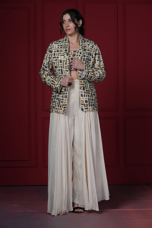 Geometric Ivory Crepe Blazer Set