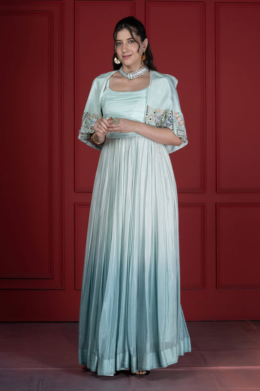 Ombré Cape Upada SIlk French knot Style Aqua blue Gown